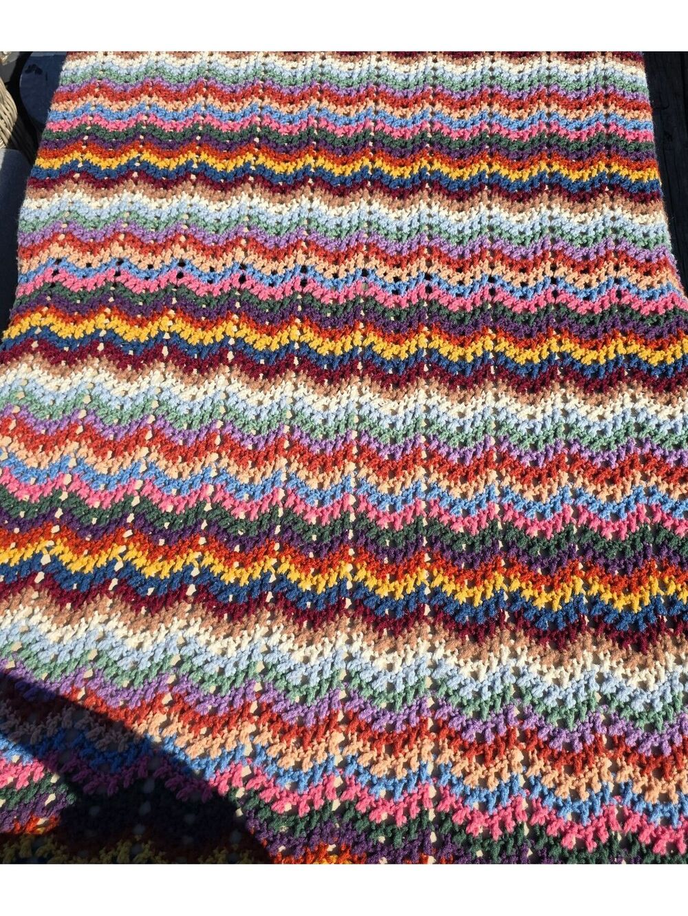 Vtg Handmade Crochet Chevron Afghan Blanket Rainbow Scrap Granny Ripple 48x72